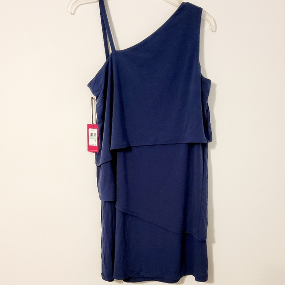 Vince Camuto Stretch Navy Blue One Shoulder Tiered Party Dress Size 8 - Picture 5 of 10